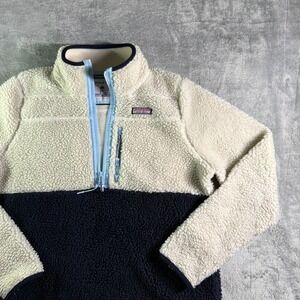 Vineyard Vines SuperShep Sherpa Pullover Women Medium Cream Navy Blue